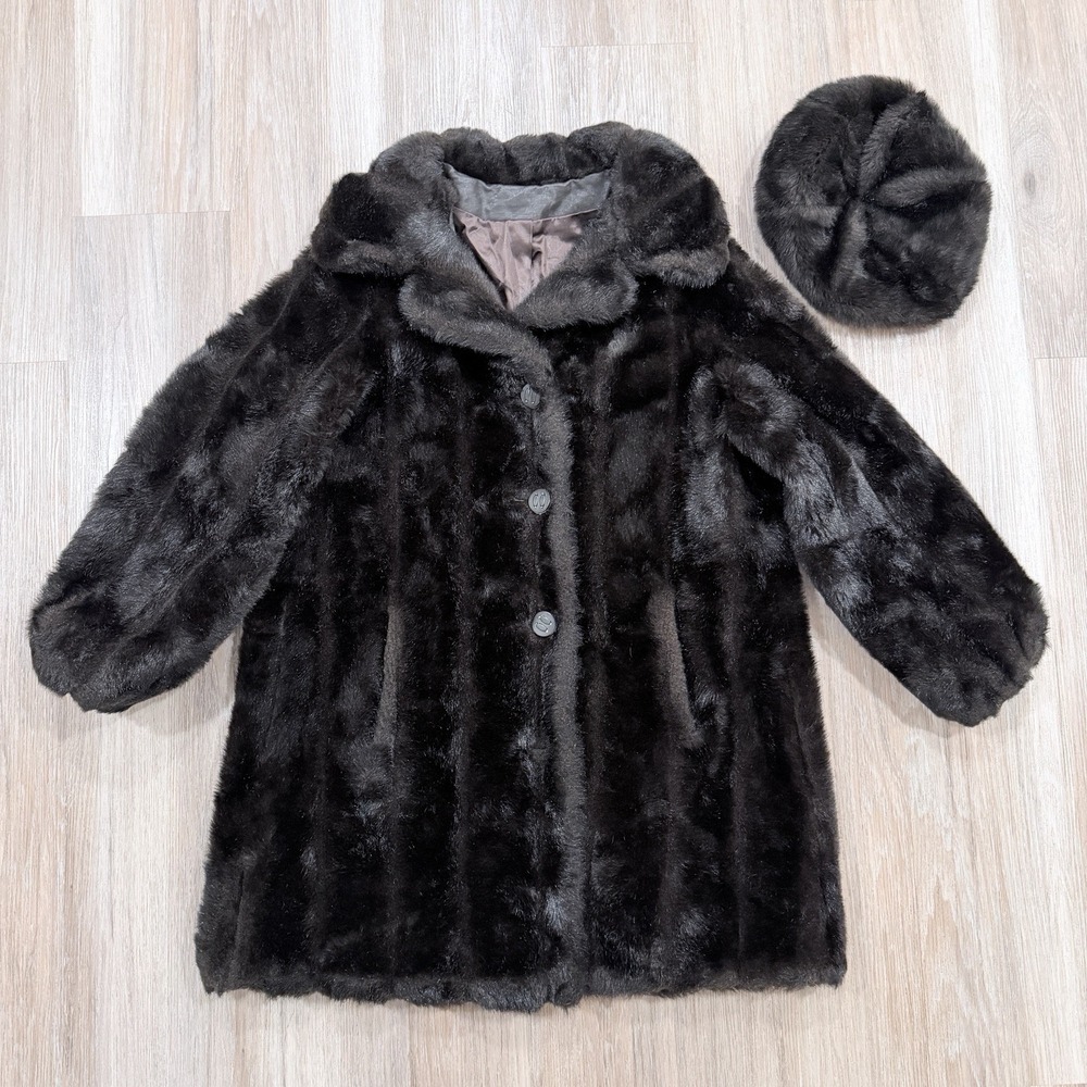 Vintage Royal Minke By Hillmoor Brown-Black Faux Fur Trench Coat Matching Cap